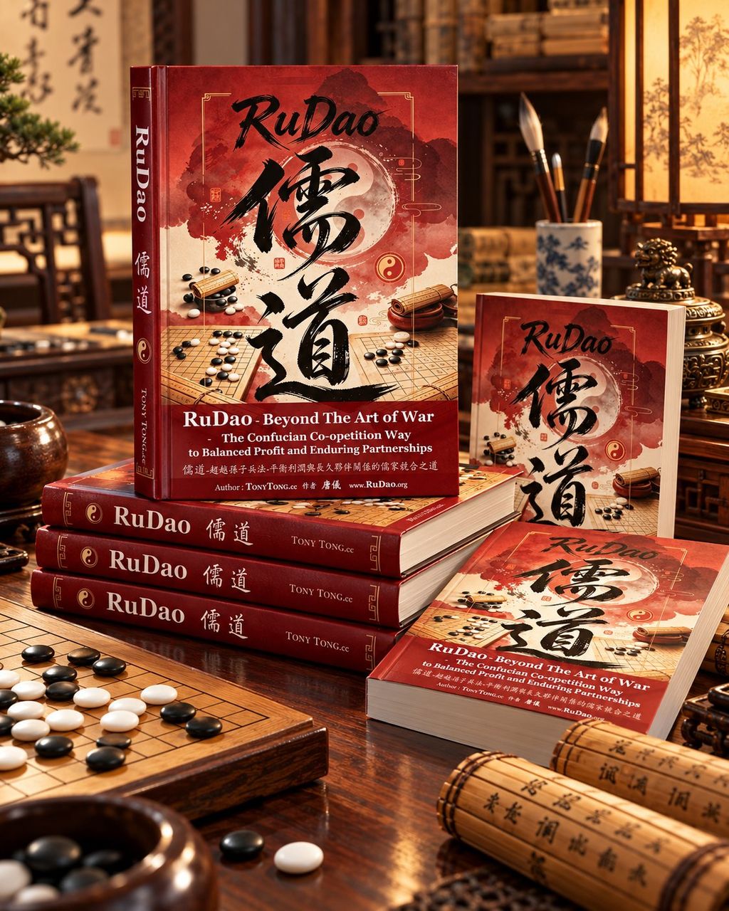 Stacked RuDao 儒道 hardcover editions with vermillion brush calligraphy cover, Go board and bamboo scrolls