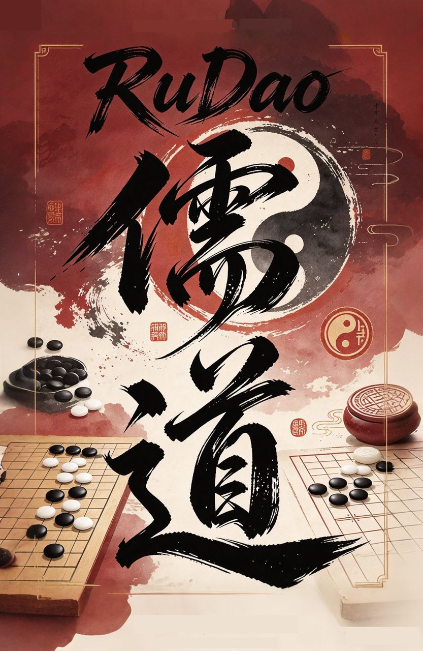 RuDao 儒道 poster — vermillion ink-brush calligraphy cover art with yin-yang enso, Go boards and seals
